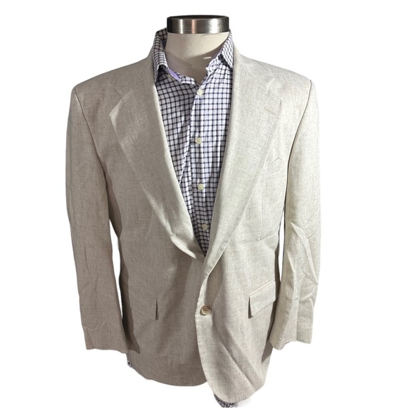 David Taylor Men Beige 100% Linen 2 Button Suit Jacket Sz 40R Sports Coat Pocket - Picture 2 of 14